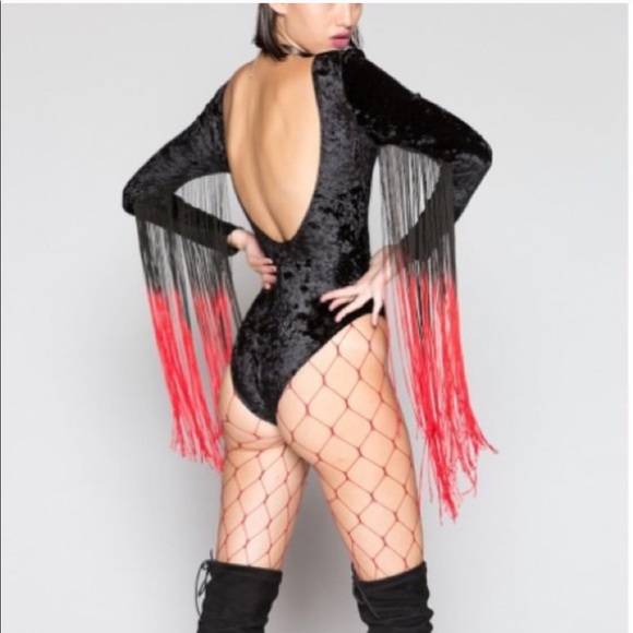 Love and hate fringe black velvet bodysuits - Picture 3 of 8